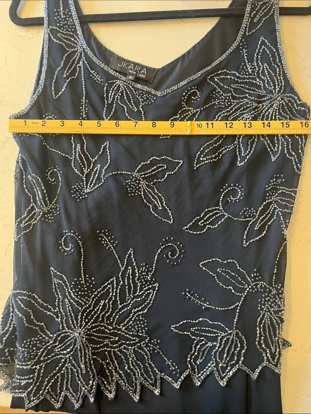 J Kara Navy Maxi Dress with Silver Beaded Floral Embellishment